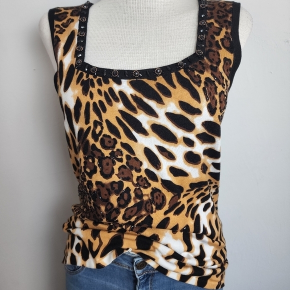 Fontana Cheeta Print Knit Gem Square Neck Women's Tank Top Size XL - Picture 3 of 8